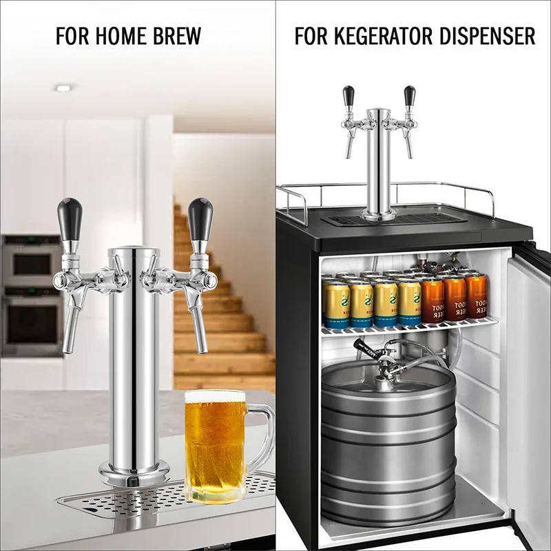 Draft Beer Tower,Dual Faucet Tap Kegerator Tower,3” Dia. Stainless Steel Column Beer Dispenser with Hose,Wrench,Brewing