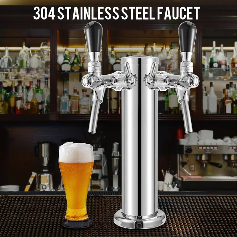 Draft Beer Tower,Dual Faucet Tap Kegerator Tower,3” Dia. Stainless Steel Column Beer Dispenser with Hose,Wrench,Brewing