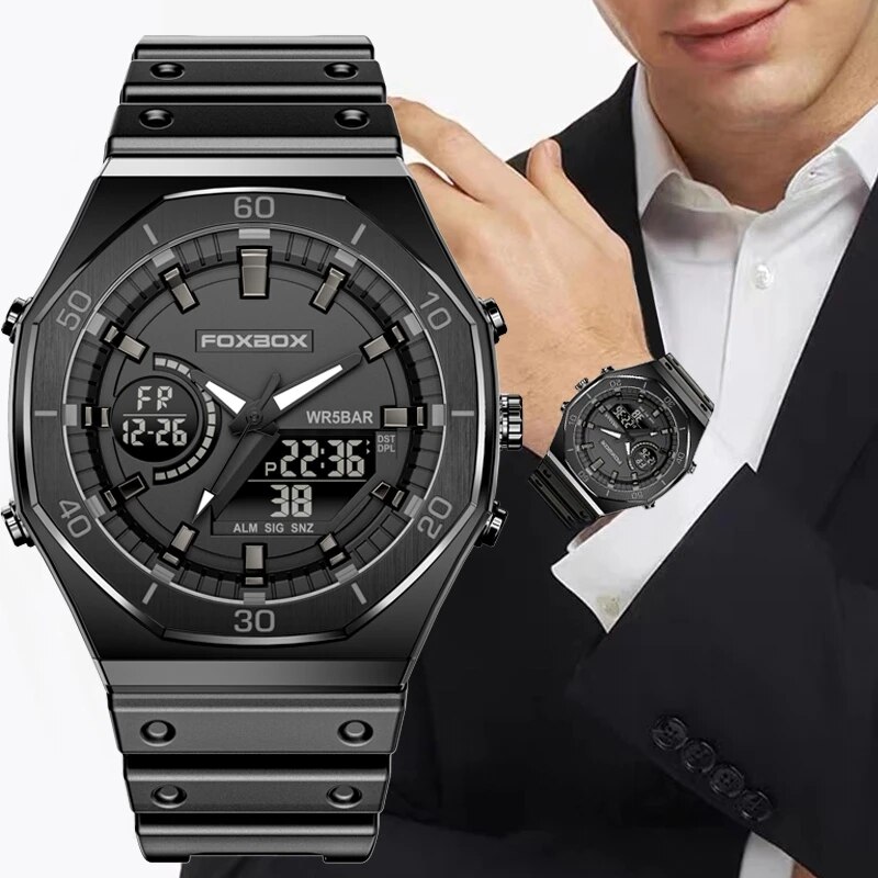 Dual Display Watch For Men Casual Sports Chronograph Quartz Big Dial Wrist Watch Silicone Waterproof Digital Clock