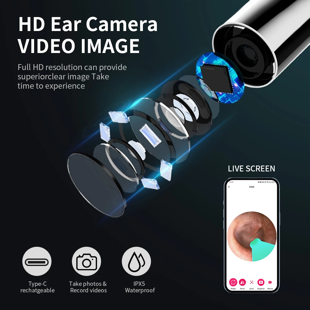 Ear Cleaner with Camera Set HD Ear Sticks Otoscope USB C Charging Endoscope Wax Removal Tool Earpick Ear Cleaning Set Ear Cleaner with Camera Set HD Ear Sticks Otoscope USB C Charging Endoscope Wax Removal Tool Earpick Ear Cleaning Set