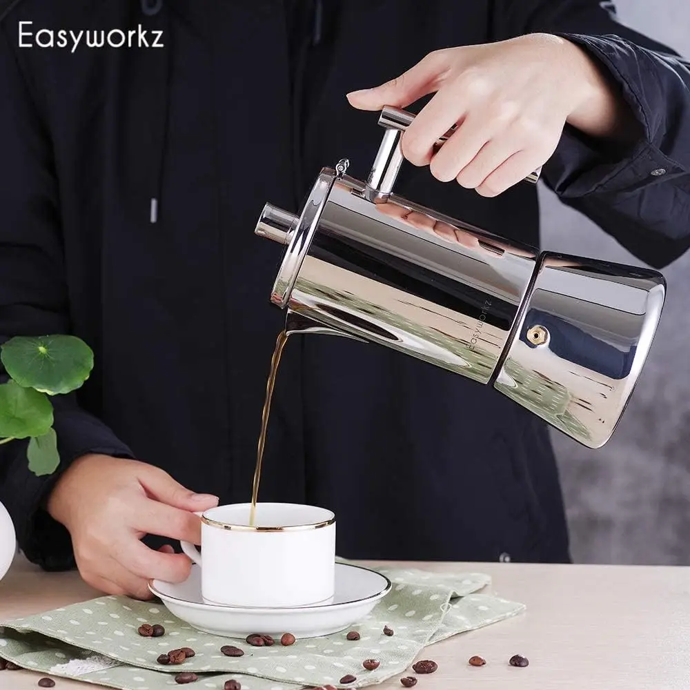Easyworkz Diego Stovetop Espresso Maker Stainless Steel Italian Coffee Machine Maker 4Cup 6.8 oz Induction Moka Pot Easyworkz Diego Stovetop Espresso Maker Stainless Steel Italian Coffee Machine Maker 4Cup 6.8 oz Induction Moka Pot