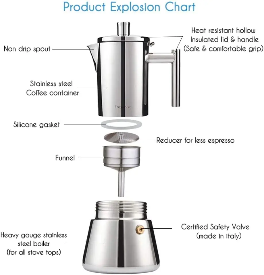 Easyworkz Diego Stovetop Espresso Maker Stainless Steel Italian Coffee Machine Maker 4Cup 6.8 oz Induction Moka Pot Easyworkz Diego Stovetop Espresso Maker Stainless Steel Italian Coffee Machine Maker 4Cup 6.8 oz Induction Moka Pot