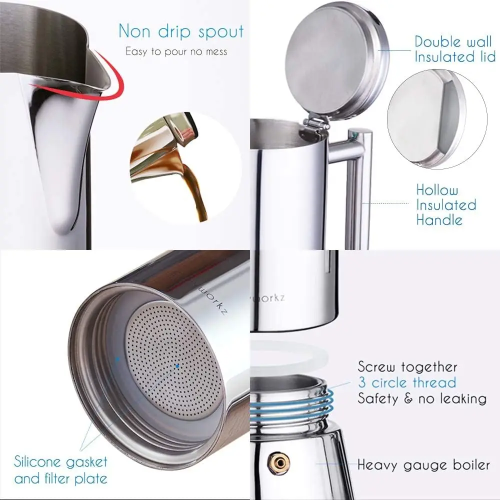 Easyworkz Diego Stovetop Espresso Maker Stainless Steel Italian Coffee Machine Maker 4Cup 6.8 oz Induction Moka Pot Easyworkz Diego Stovetop Espresso Maker Stainless Steel Italian Coffee Machine Maker 4Cup 6.8 oz Induction Moka Pot