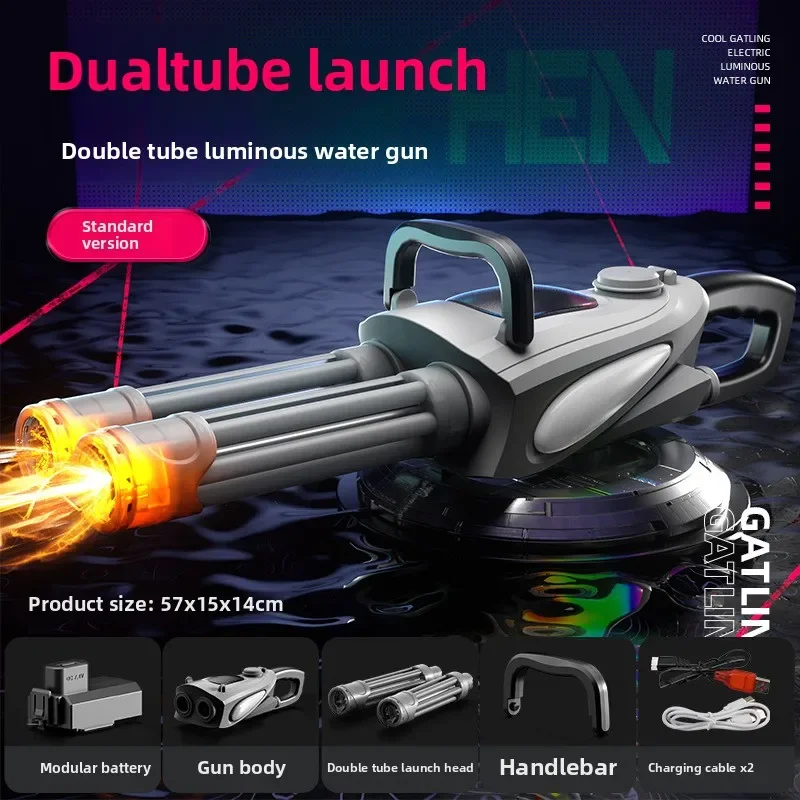 Electric Gatling Water Gun Toy With Rotating Gun Barrel Lights Big Capacity Water Pistol Spray Blaster Pool Toys for