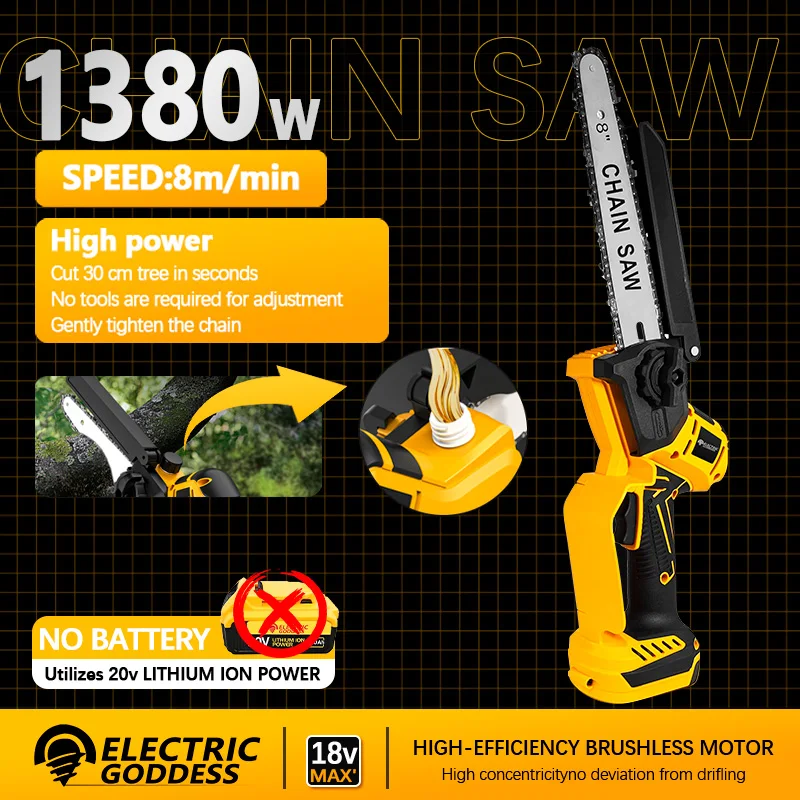 Electric Goddess Brushless 8in Wood Chain Saw Electric Cordless Highly Efficient Cutting Power Tool For 18V Dewalt Electric Goddess Brushless 8in Wood Chain Saw Electric Cordless Highly Efficient Cutting Power Tool For 18V Dewalt