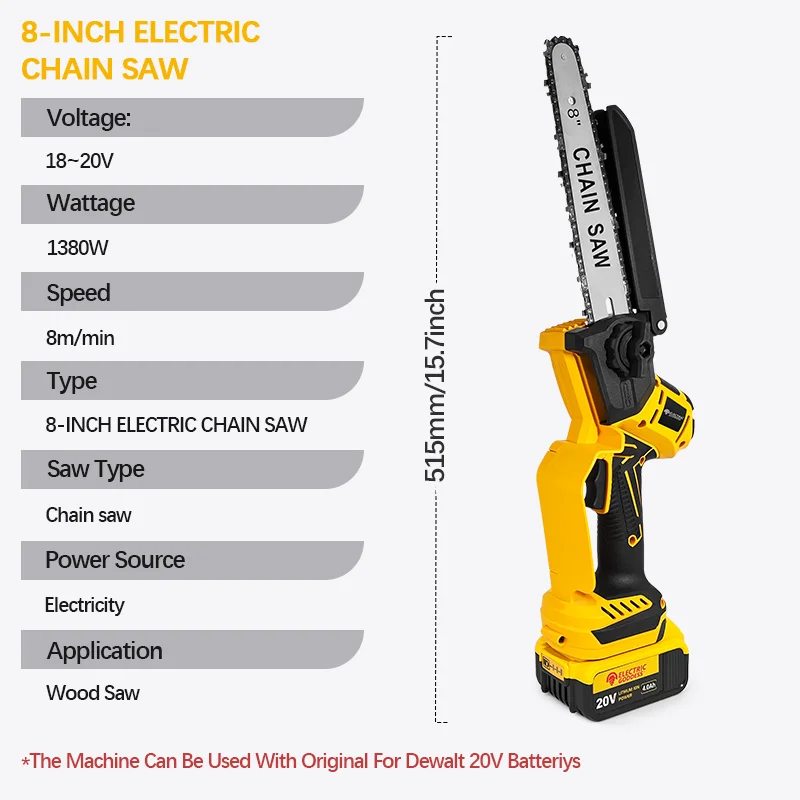 Electric Goddess Brushless 8in Wood Chain Saw Electric Cordless Highly Efficient Cutting Power Tool For 18V Dewalt Electric Goddess Brushless 8in Wood Chain Saw Electric Cordless Highly Efficient Cutting Power Tool For 18V Dewalt