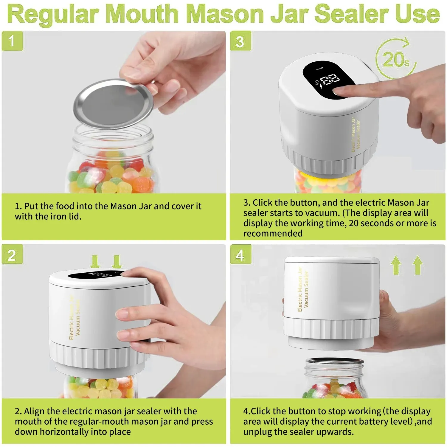 Electric Mason Jar Vacuum Sealer, Cordless Vacuum Sealer Kit for Wide-Mouth and Regular-Mouth Mason Jars, for Food Electric Mason Jar Vacuum Sealer, Cordless Vacuum Sealer Kit for Wide-Mouth and Regular-Mouth Mason Jars, for Food