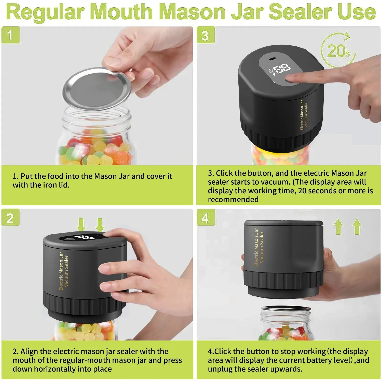 Electric Mason Jar Vacuum Sealer, Cordless Vacuum Sealer Kit for Wide-Mouth and Regular-Mouth Mason Jars, for Food Electric Mason Jar Vacuum Sealer, Cordless Vacuum Sealer Kit for Wide-Mouth and Regular-Mouth Mason Jars, for Food