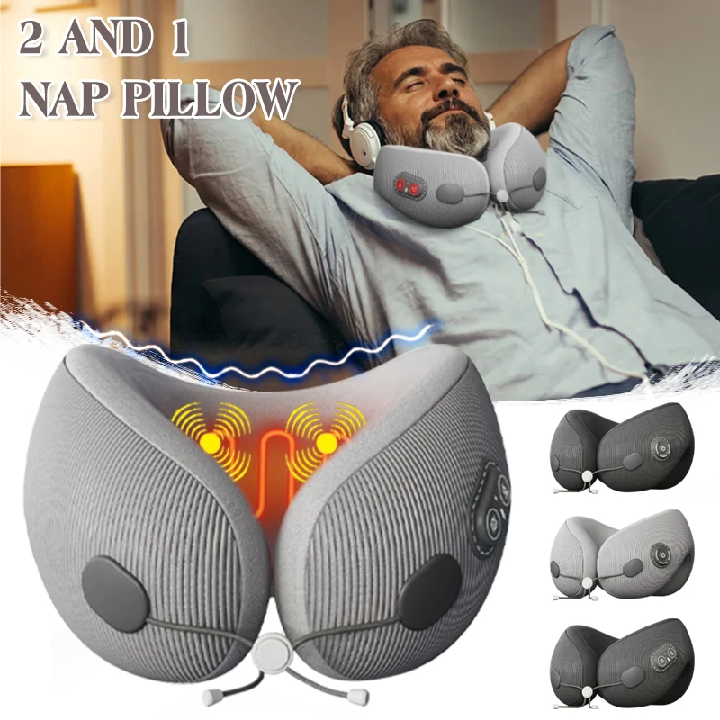 Electric Neck Massager,With Heat Vibration Memory Foam Pillow,Multifunction Protable U-shaped Memory Foam Pillow,Travel