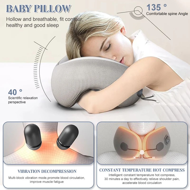 Electric Neck Massager,With Heat Vibration Memory Foam Pillow,Multifunction Protable U-shaped Memory Foam Pillow,Travel
