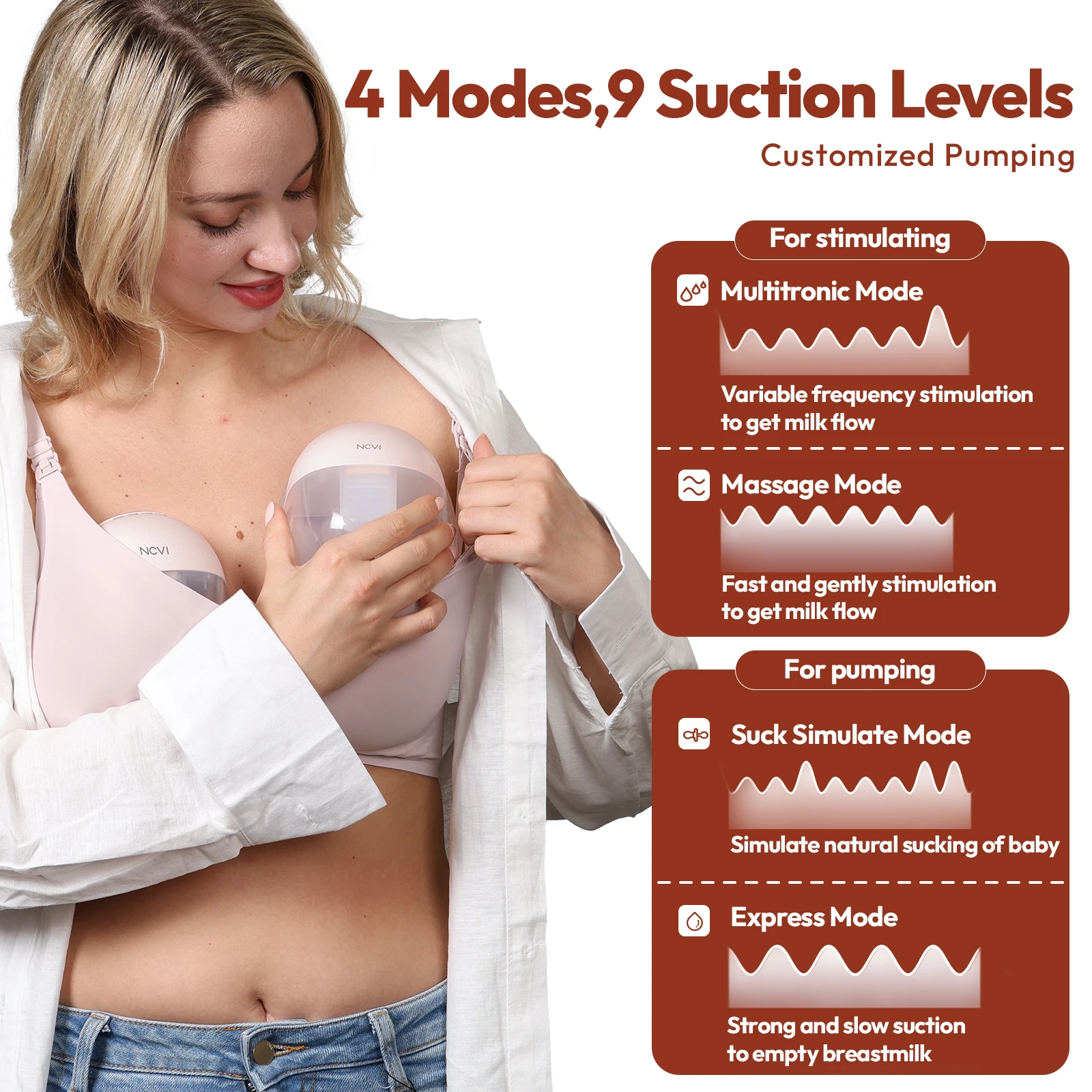Electric Wearable Breast Pump for Breastfeeding, Hands-Free, 4 Modes 9 Levels, 3 Flange Sizes(19/21/24mm), Smart Display