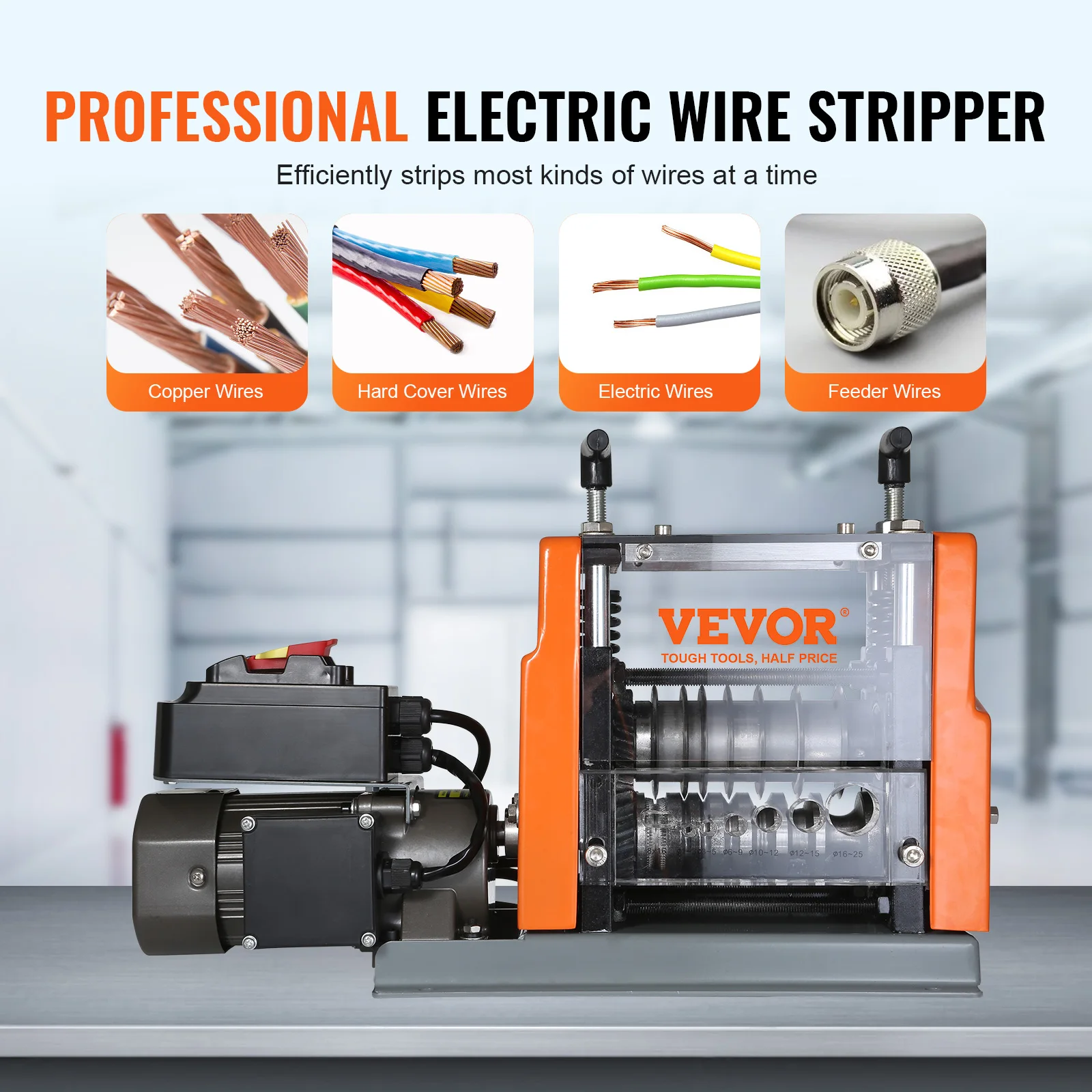 Electric Wire Stripping Machine 60W 1.5-25mm Visible Stripping Depth 6 Round &1 Flat Channels for Scrap Copper Recycling