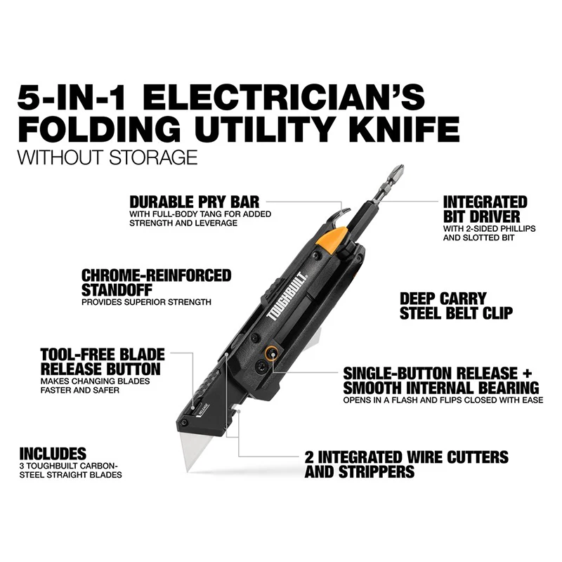 Electrician's Folding Utility Knife With Bit Driver Pry Bar Double-ended 5-in-1 Hand Tool Electrician's Folding Utility Knife With Bit Driver Pry Bar Double-ended 5-in-1 Hand Tool