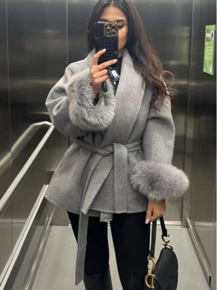 Elegant Lace Up Woolen Short Coat Solid Loose Lapel Furry Belt Long Sleeve Female Jacket 2025 Autumn Winter Lady Chic Elegant Lace Up Woolen Short Coat Solid Loose Lapel Furry Belt Long Sleeve Female Jacket 2025 Autumn Winter Lady Chic