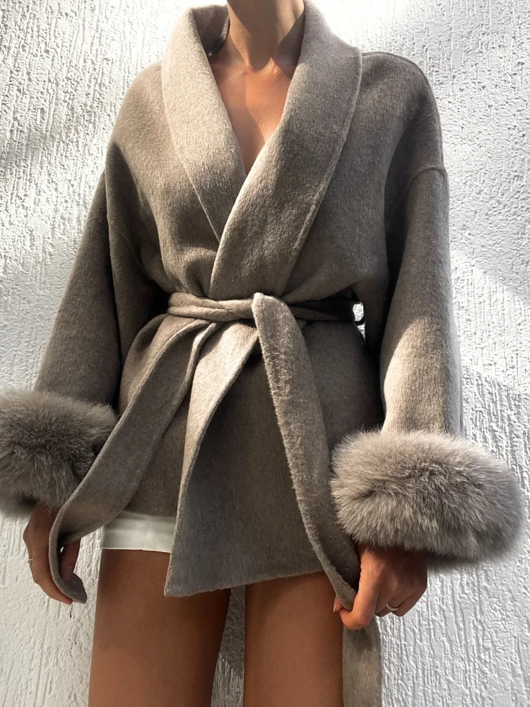Elegant Lace Up Woolen Short Coat Solid Loose Lapel Furry Belt Long Sleeve Female Jacket 2025 Autumn Winter Lady Chic Elegant Lace Up Woolen Short Coat Solid Loose Lapel Furry Belt Long Sleeve Female Jacket 2025 Autumn Winter Lady Chic