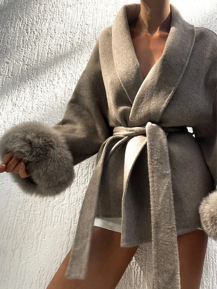 Elegant Lace Up Woolen Short Coat Solid Loose Lapel Furry Belt Long Sleeve Female Jacket 2025 Autumn Winter Lady Chic Elegant Lace Up Woolen Short Coat Solid Loose Lapel Furry Belt Long Sleeve Female Jacket 2025 Autumn Winter Lady Chic