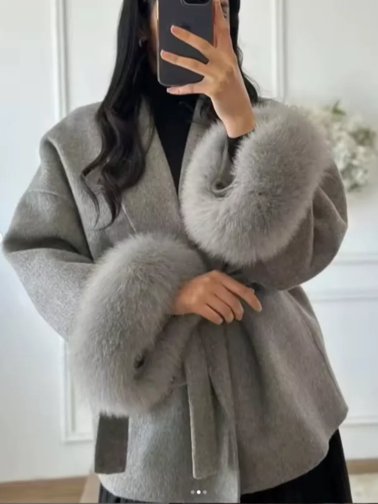 Elegant Lace Up Woolen Short Coat Solid Loose Lapel Furry Belt Long Sleeve Female Jacket 2025 Autumn Winter Lady Chic Elegant Lace Up Woolen Short Coat Solid Loose Lapel Furry Belt Long Sleeve Female Jacket 2025 Autumn Winter Lady Chic
