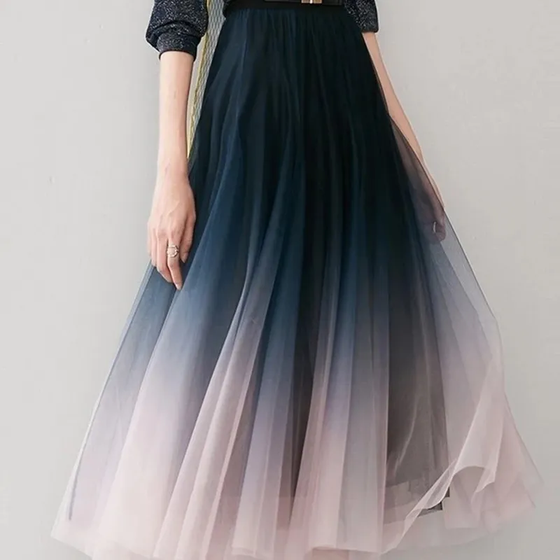 Elegant Tulle Skirts Women High Waist Gradient Mesh Pleated Midi Skirt Korean Elastic Loose Casual All Match A Line