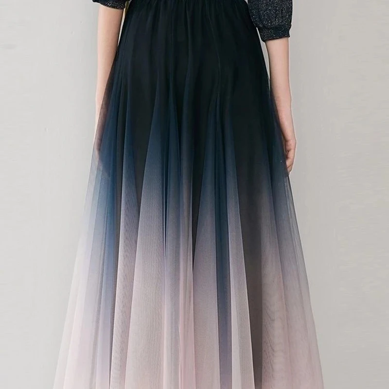 Elegant Tulle Skirts Women High Waist Gradient Mesh Pleated Midi Skirt Korean Elastic Loose Casual All Match A Line Elegant Tulle Skirts Women High Waist Gradient Mesh Pleated Midi Skirt Korean Elastic Loose Casual All Match A Line