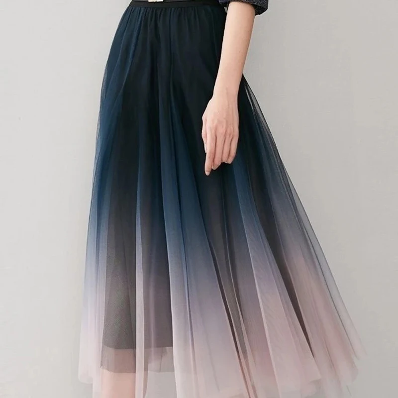 Elegant Tulle Skirts Women High Waist Gradient Mesh Pleated Midi Skirt Korean Elastic Loose Casual All Match A Line Elegant Tulle Skirts Women High Waist Gradient Mesh Pleated Midi Skirt Korean Elastic Loose Casual All Match A Line