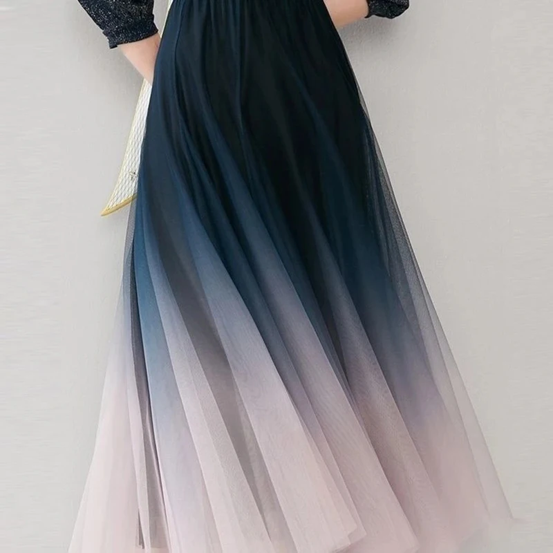 Elegant Tulle Skirts Women High Waist Gradient Mesh Pleated Midi Skirt Korean Elastic Loose Casual All Match A Line Elegant Tulle Skirts Women High Waist Gradient Mesh Pleated Midi Skirt Korean Elastic Loose Casual All Match A Line