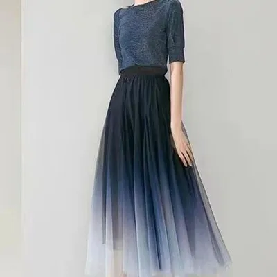 Elegant Tulle Skirts Women High Waist Gradient Mesh Pleated Midi Skirt Korean Elastic Loose Casual All Match A Line Elegant Tulle Skirts Women High Waist Gradient Mesh Pleated Midi Skirt Korean Elastic Loose Casual All Match A Line