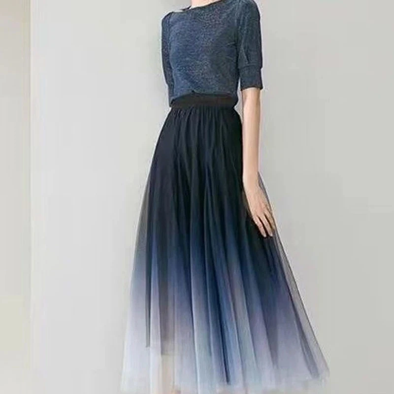 Elegant Tulle Skirts Women High Waist Gradient Mesh Pleated Midi Skirt Korean Elastic Loose Casual All Match A Line Elegant Tulle Skirts Women High Waist Gradient Mesh Pleated Midi Skirt Korean Elastic Loose Casual All Match A Line
