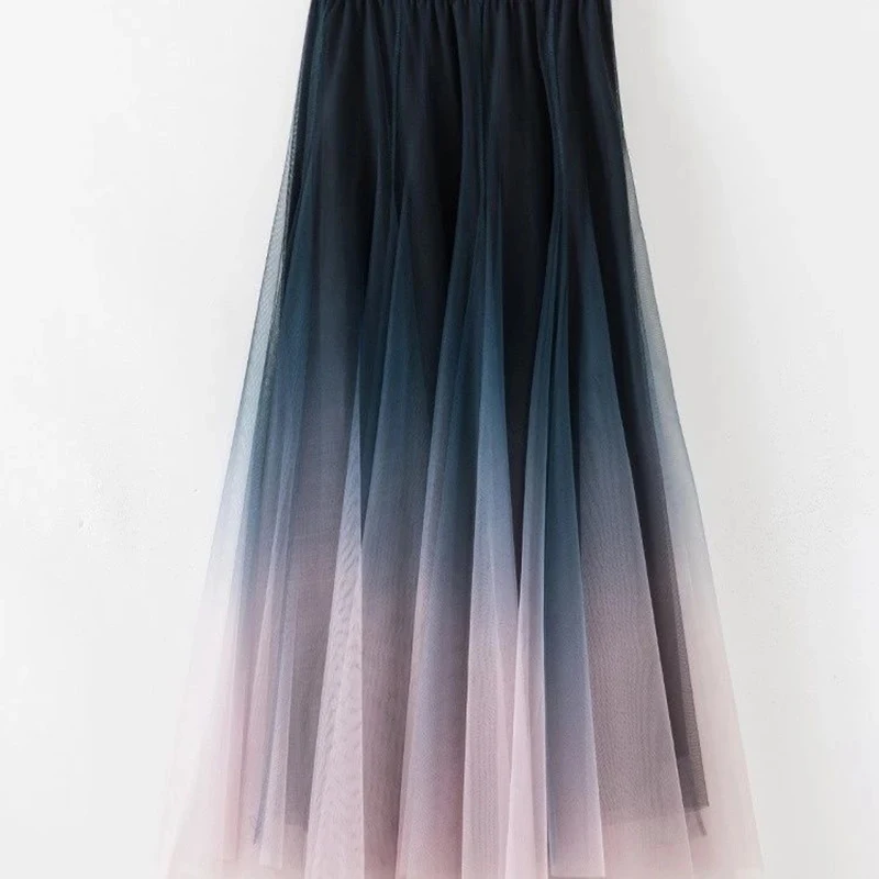 Elegant Tulle Skirts Women High Waist Gradient Mesh Pleated Midi Skirt Korean Elastic Loose Casual All Match A Line Elegant Tulle Skirts Women High Waist Gradient Mesh Pleated Midi Skirt Korean Elastic Loose Casual All Match A Line