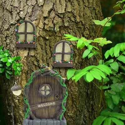 Elf Door for Tree with Two Windows and Lamp