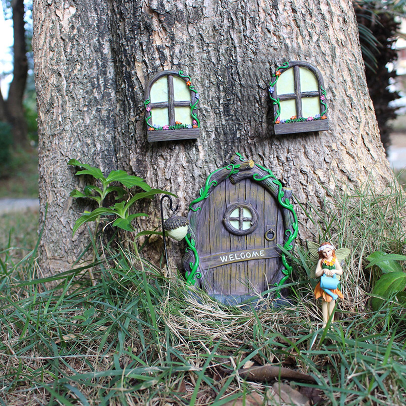 Elf Door for Tree with Two Windows and Lamp