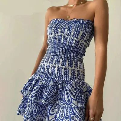 Embroidered Ruffled Strapless Mini Dress
