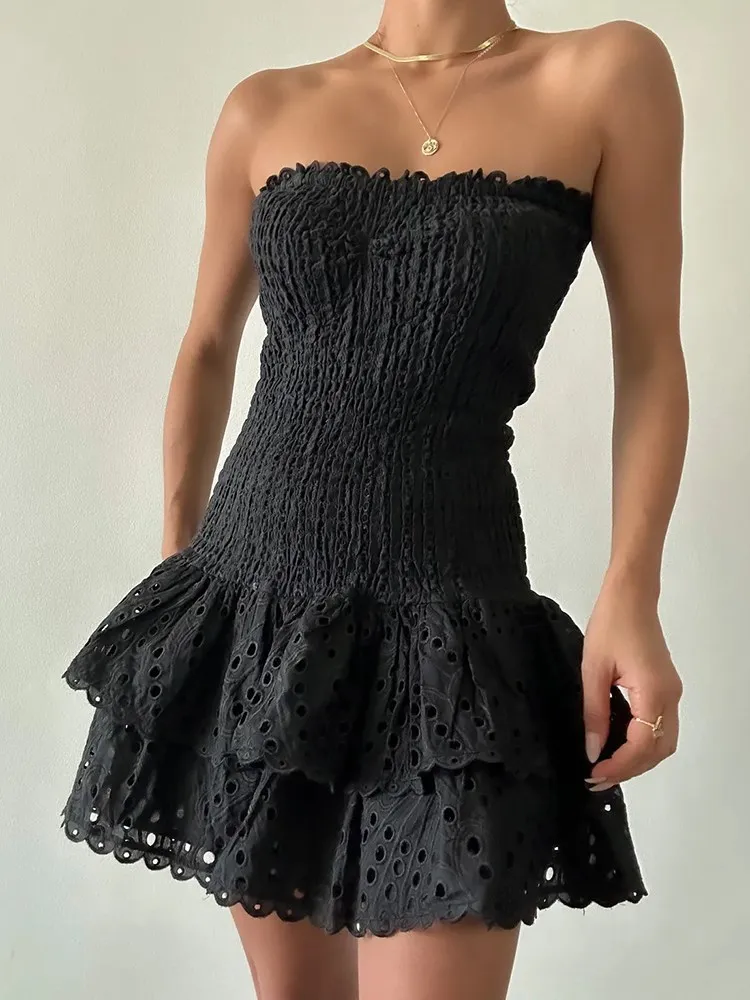 Embroidered Ruffled Strapless Mini Dress