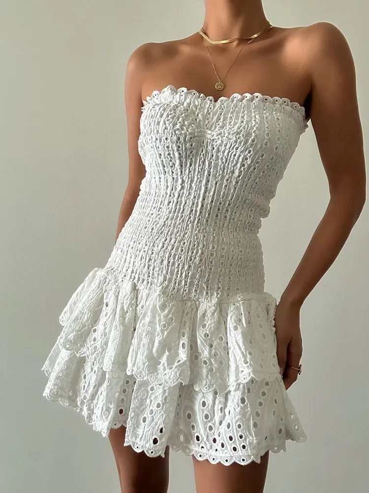 Embroidered Ruffled Strapless Mini Dress