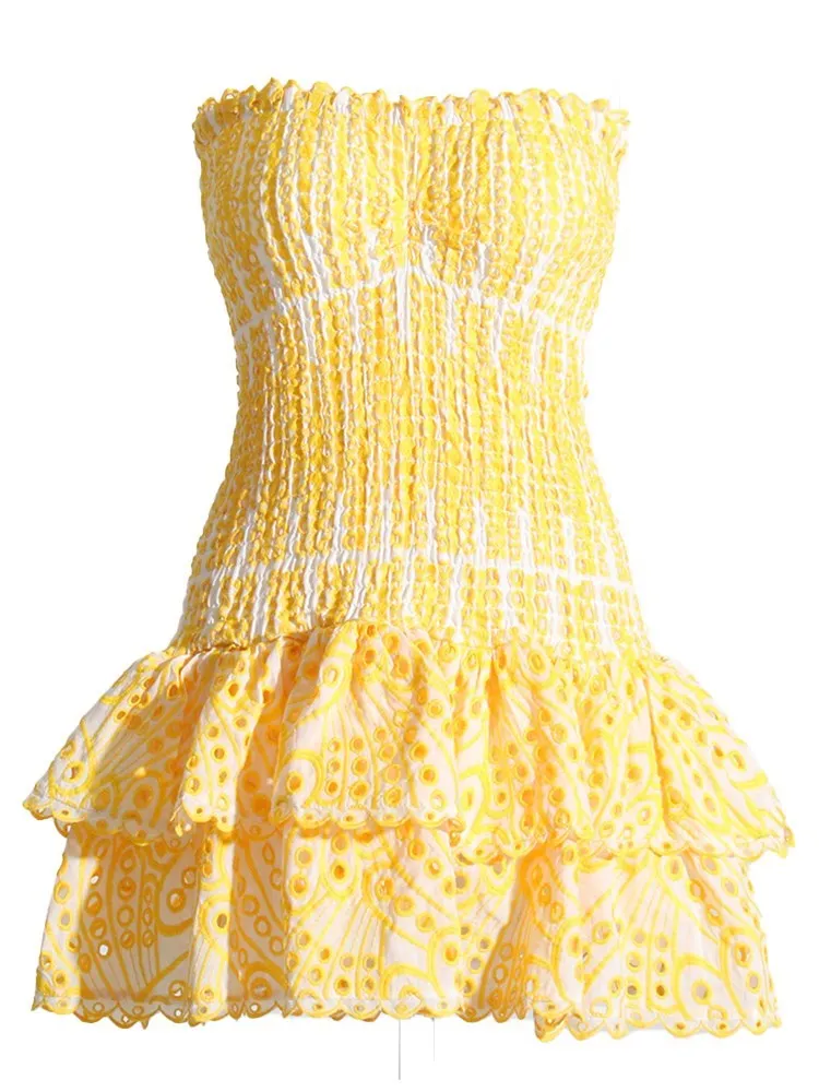 Embroidered Ruffled Strapless Mini Dress