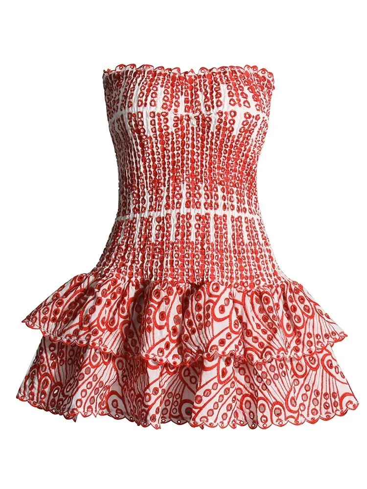 Embroidered Ruffled Strapless Mini Dress