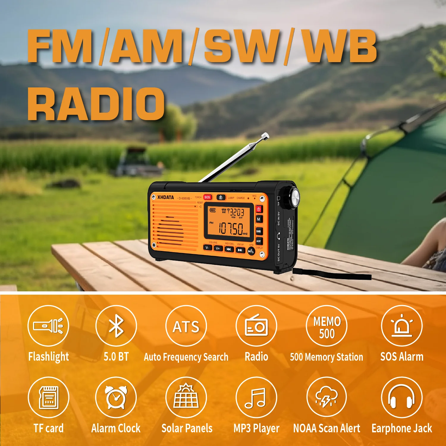 Emergency Crank Weather Radio FM/AM/SW/NOAA Alert Portable Radio with Phone Charger, Bluetooth, Battery Operated