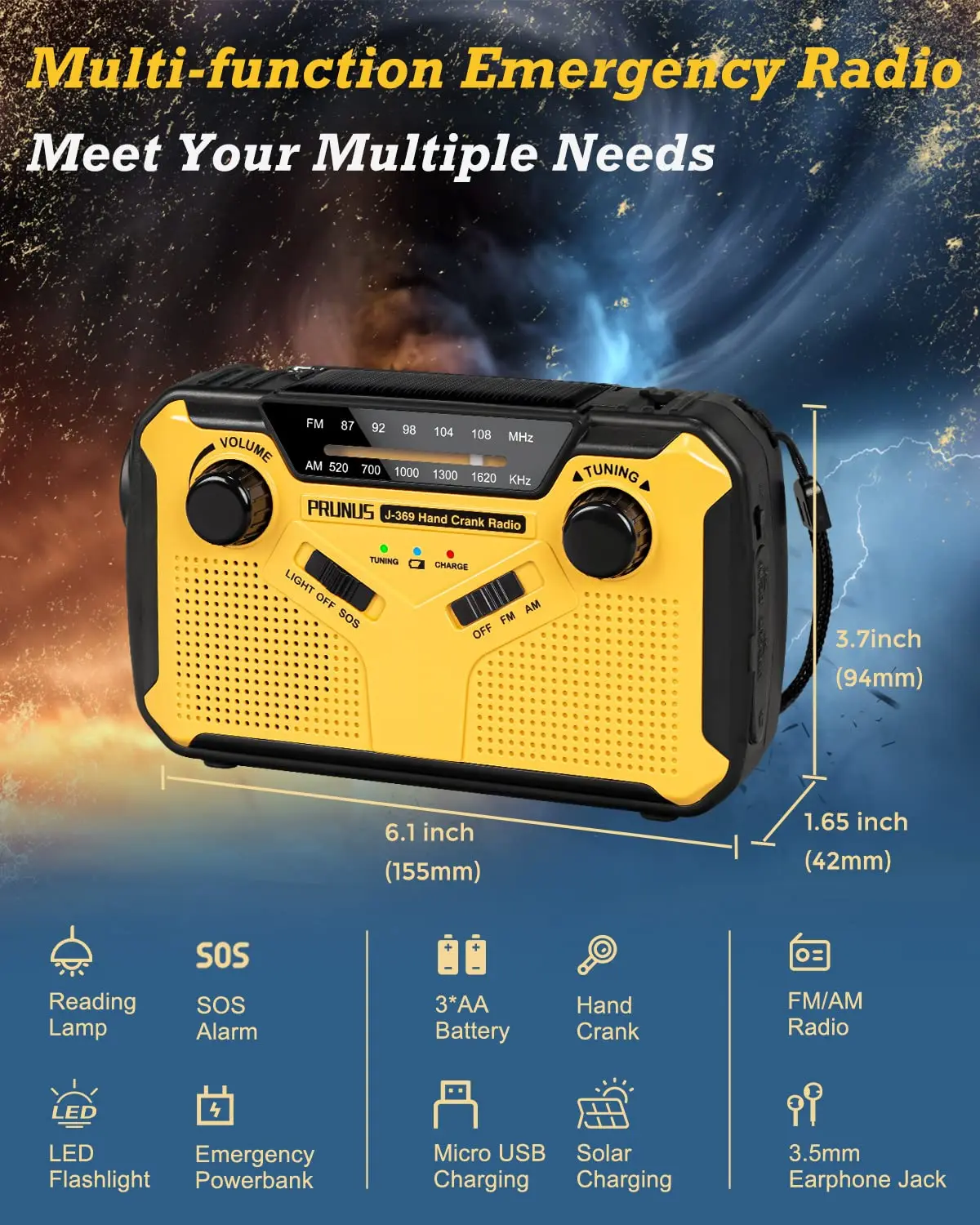 Emergency Radio AM/FM Portable Radio Solor Hand Crank USB AA Batteries Rechargeable Torch Reading Lamp SOS Alarm for