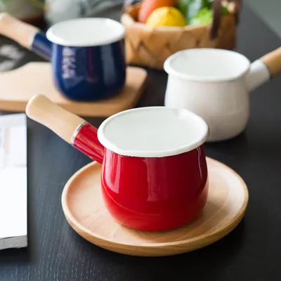 Enamel Milk Pot with Wooden Handle Enamel Milk Pot with Wooden Handle
