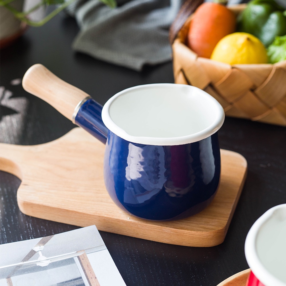 Enamel Milk Pot with Wooden Handle Enamel Milk Pot with Wooden Handle