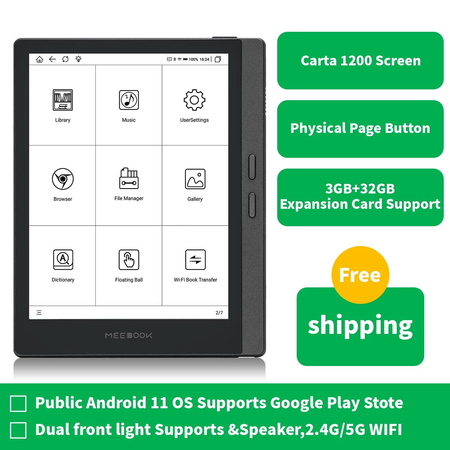 Ereader EBook Reader 6.8″ 300 PPI Android 11 OS with 3GB RAM and Physical Page Button