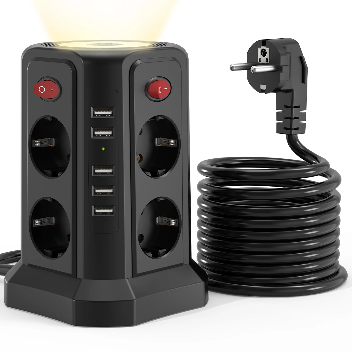 EU 8-Position Multifunctional Socket Tower with 5 USB Ports, Independent Control Switch Design for Home Office Plug-in