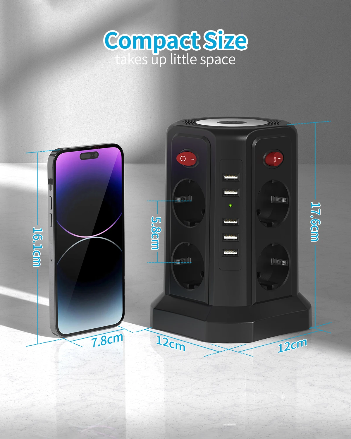 EU 8-Position Multifunctional Socket Tower with 5 USB Ports, Independent Control Switch Design for Home Office Plug-in EU 8-Position Multifunctional Socket Tower with 5 USB Ports, Independent Control Switch Design for Home Office Plug-in
