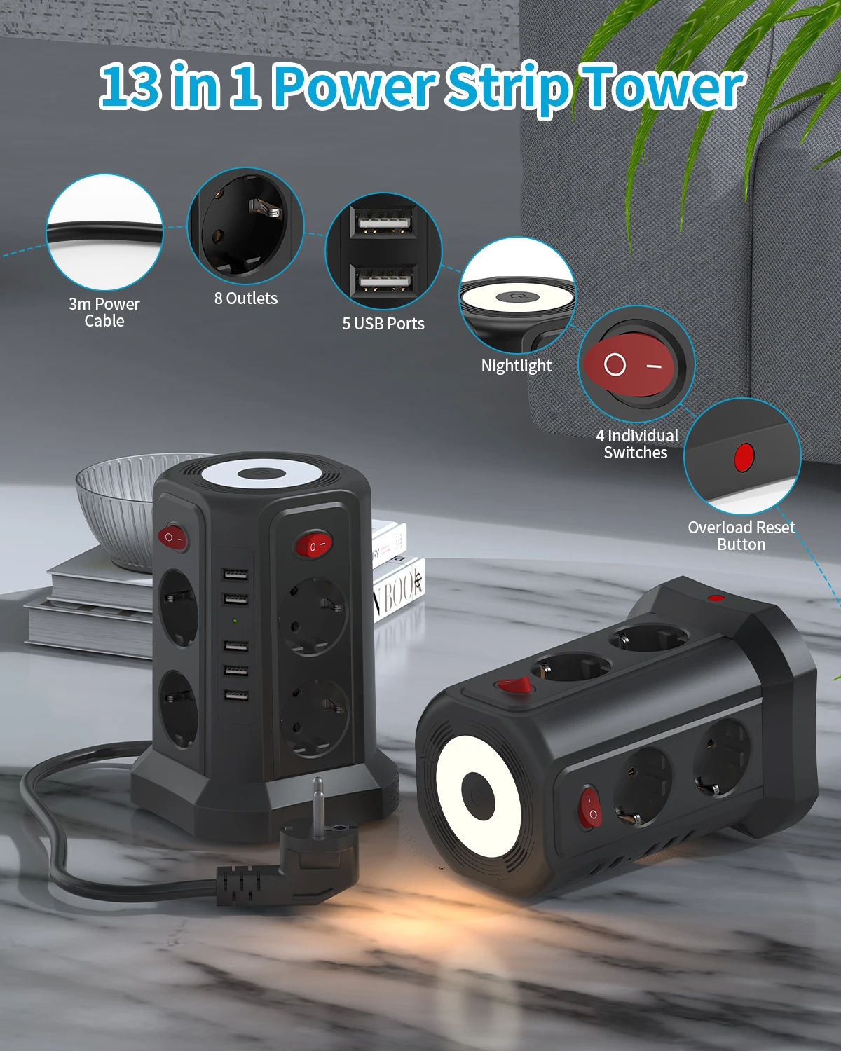 EU 8-Position Multifunctional Socket Tower with 5 USB Ports, Independent Control Switch Design for Home Office Plug-in EU 8-Position Multifunctional Socket Tower with 5 USB Ports, Independent Control Switch Design for Home Office Plug-in