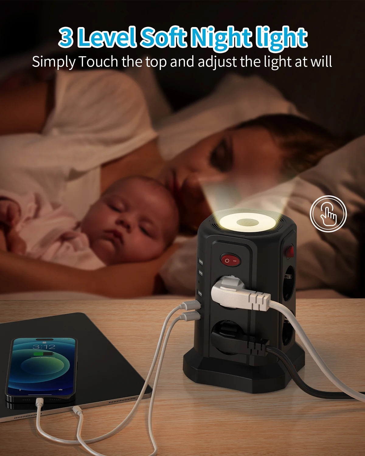 EU 8-Position Multifunctional Socket Tower with 5 USB Ports, Independent Control Switch Design for Home Office Plug-in EU 8-Position Multifunctional Socket Tower with 5 USB Ports, Independent Control Switch Design for Home Office Plug-in