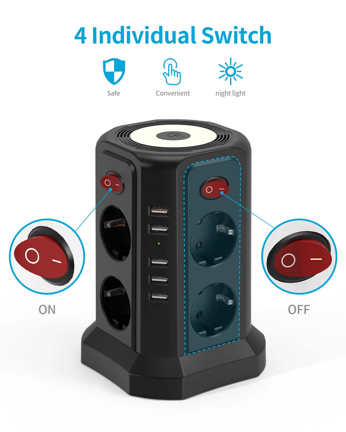 EU 8-Position Multifunctional Socket Tower with 5 USB Ports, Independent Control Switch Design for Home Office Plug-in EU 8-Position Multifunctional Socket Tower with 5 USB Ports, Independent Control Switch Design for Home Office Plug-in