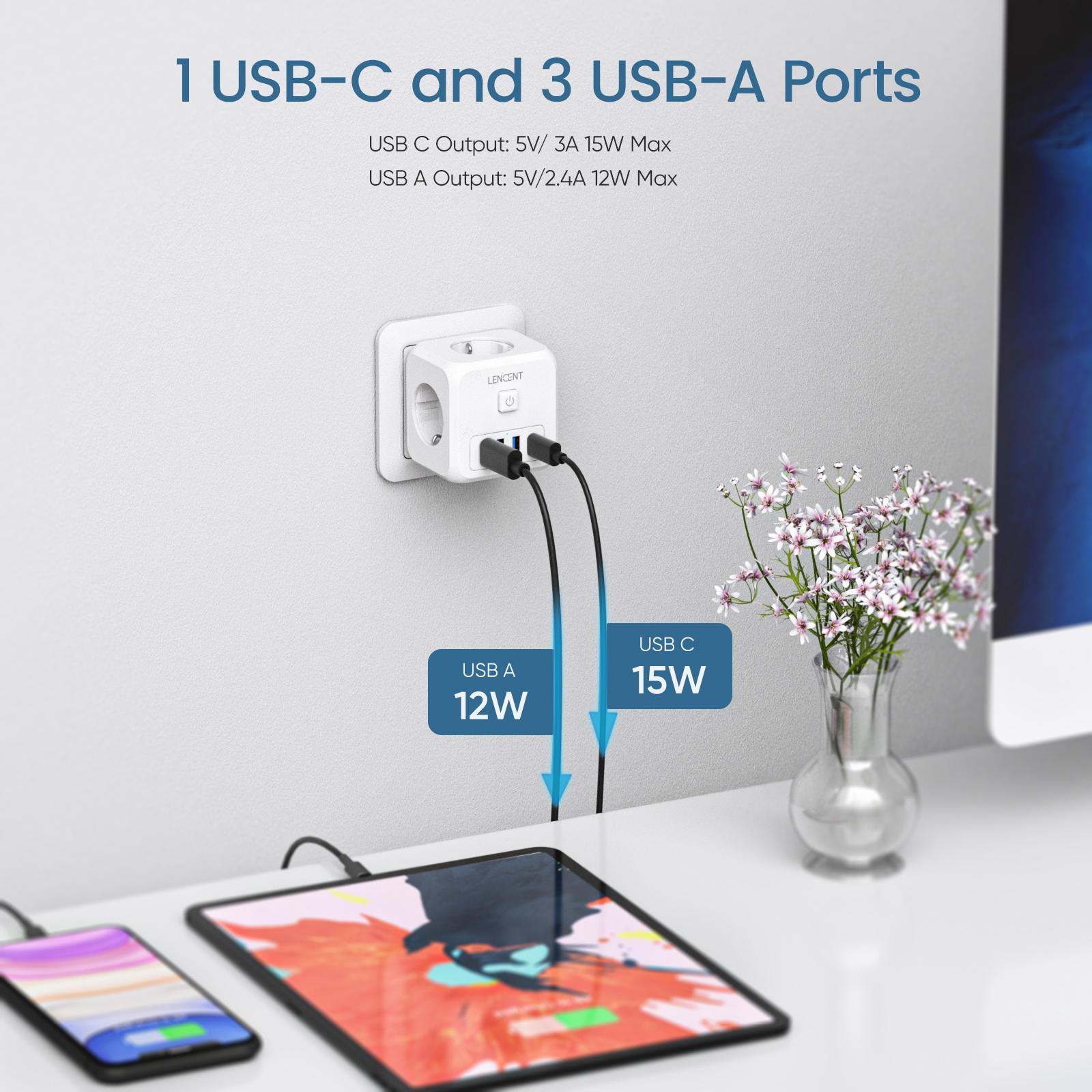 EU Plug Power Strip with 3 AC Outlets +3 USB Charging Ports+ 1 Type C 5V 2.4A Adapter 7-in-1 Plug Socket On/Off Switch