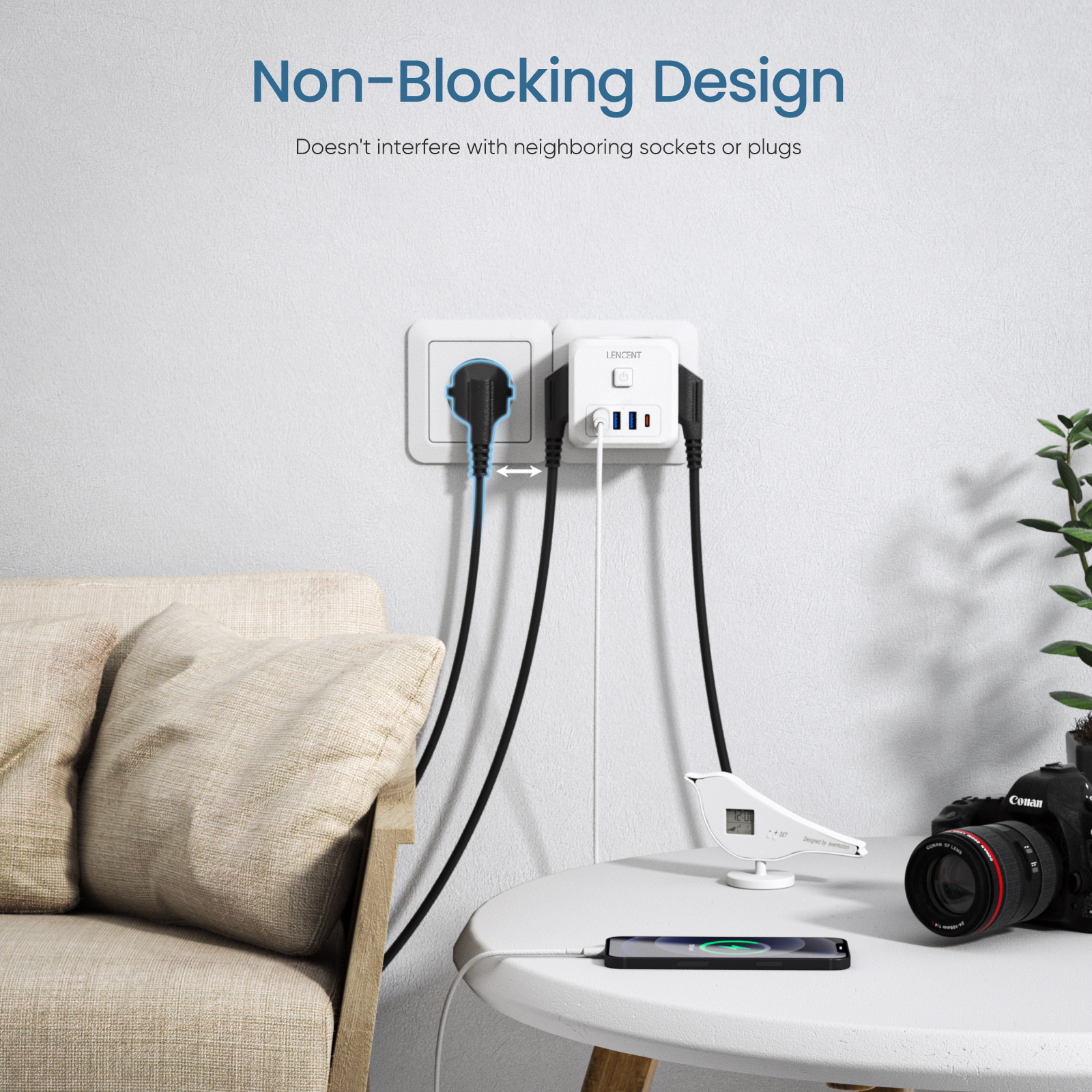 EU Plug Power Strip with 3 AC Outlets +3 USB Charging Ports+ 1 Type C 5V 2.4A Adapter 7-in-1 Plug Socket On/Off Switch