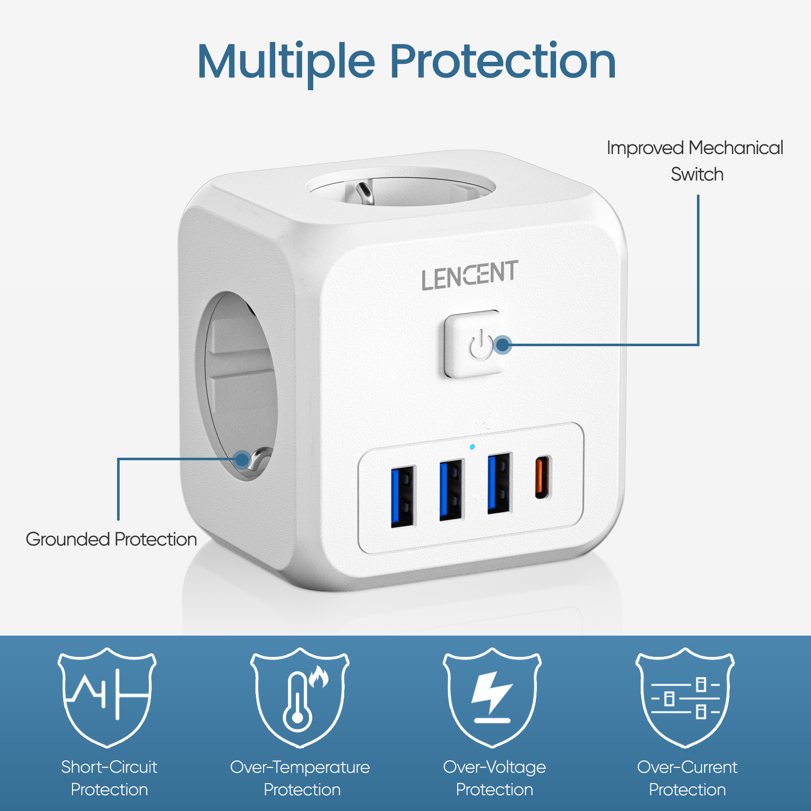 EU Plug Power Strip with 3 AC Outlets +3 USB Charging Ports+ 1 Type C 5V 2.4A Adapter 7-in-1 Plug Socket On/Off Switch
