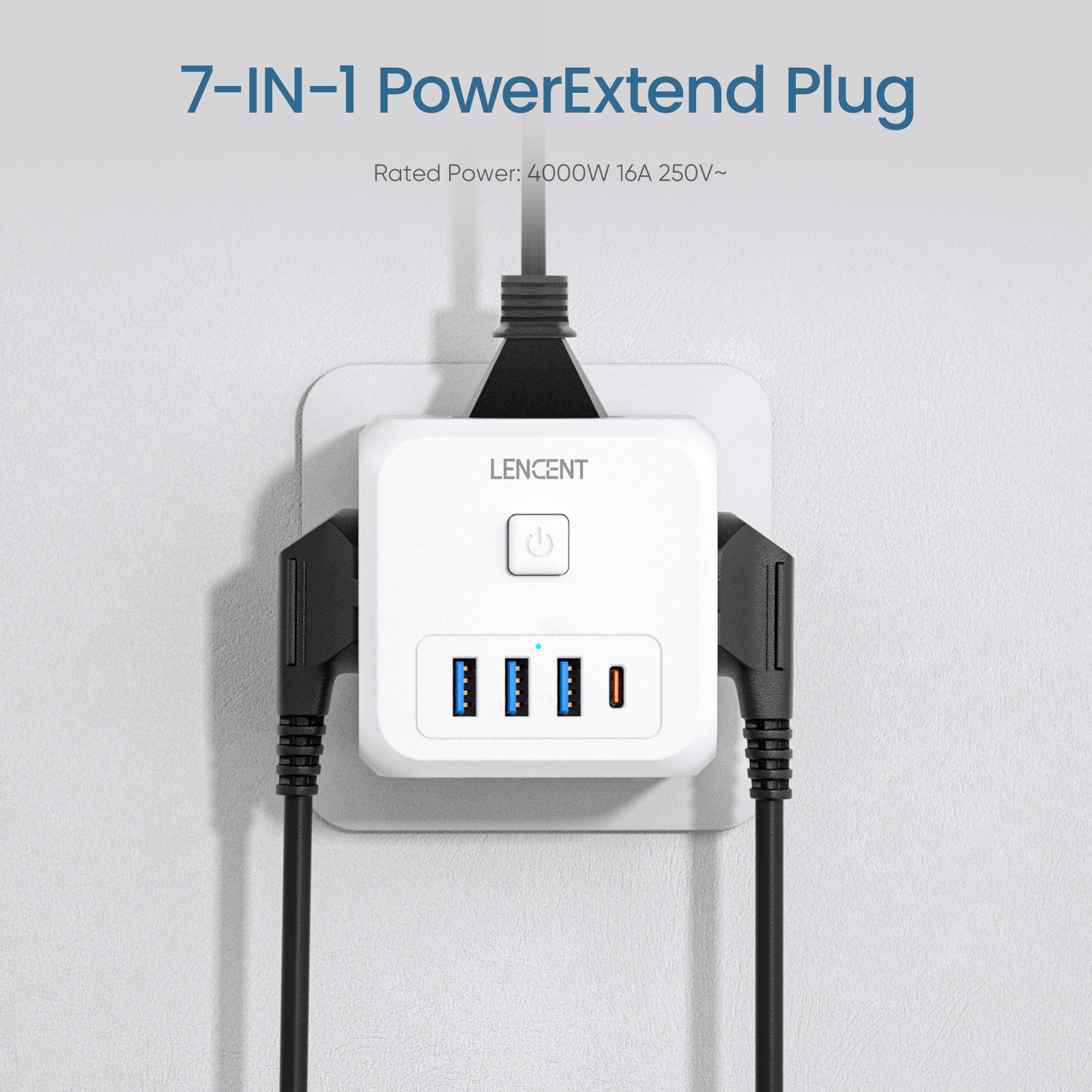 EU Plug Power Strip with 3 AC Outlets +3 USB Charging Ports+ 1 Type C 5V 2.4A Adapter 7-in-1 Plug Socket On/Off Switch