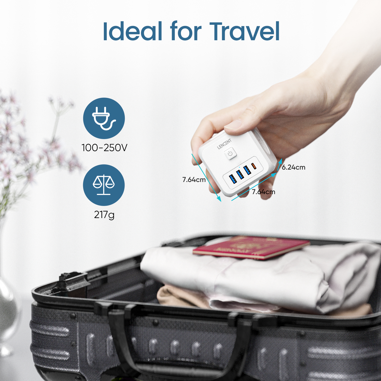 EU Plug Power Strip with 3 AC Outlets +3 USB Charging Ports+ 1 Type C 5V 2.4A Adapter 7-in-1 Plug Socket On/Off Switch
